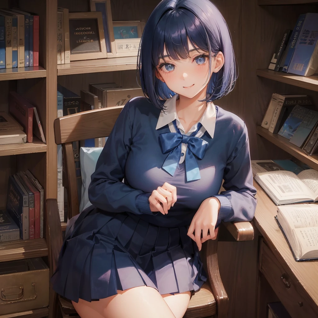 1. High school girl 17-year-old female alone Bobcut dark blue hair color dark blue hair color High School Uniform White shirt Y-shirt long sleeve Blue Ribbon Large Breasts loafers Full body portrait Slim figure Long legs library 学校のlibrary Bookshelf Sit on a chair Smiling Kindly Verbal invitation, She keeps her mouth open Look up here