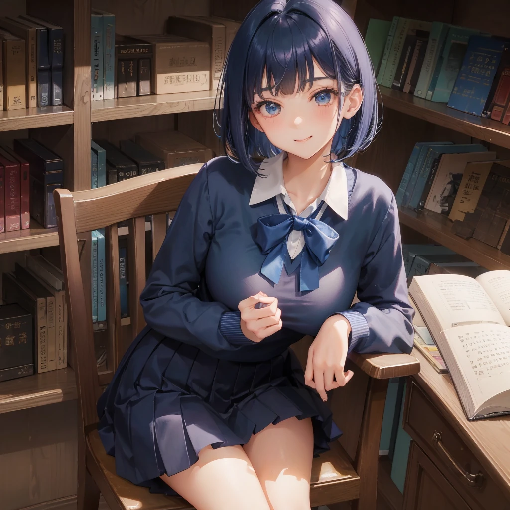 1. High school girl　17-year-old female　alone　Bobcut　dark blue hair color　dark blue hair color　High School Uniform　White shirt　Y-shirt long sleeve　Blue Ribbon　Large Breasts　loafers　Full body portrait　Slim figure　Long legs　library　学校のlibrary　Bookshelf　Sit on a chair　Smiling Kindly　 Verbal invitation, She keeps her mouth open　Look up here