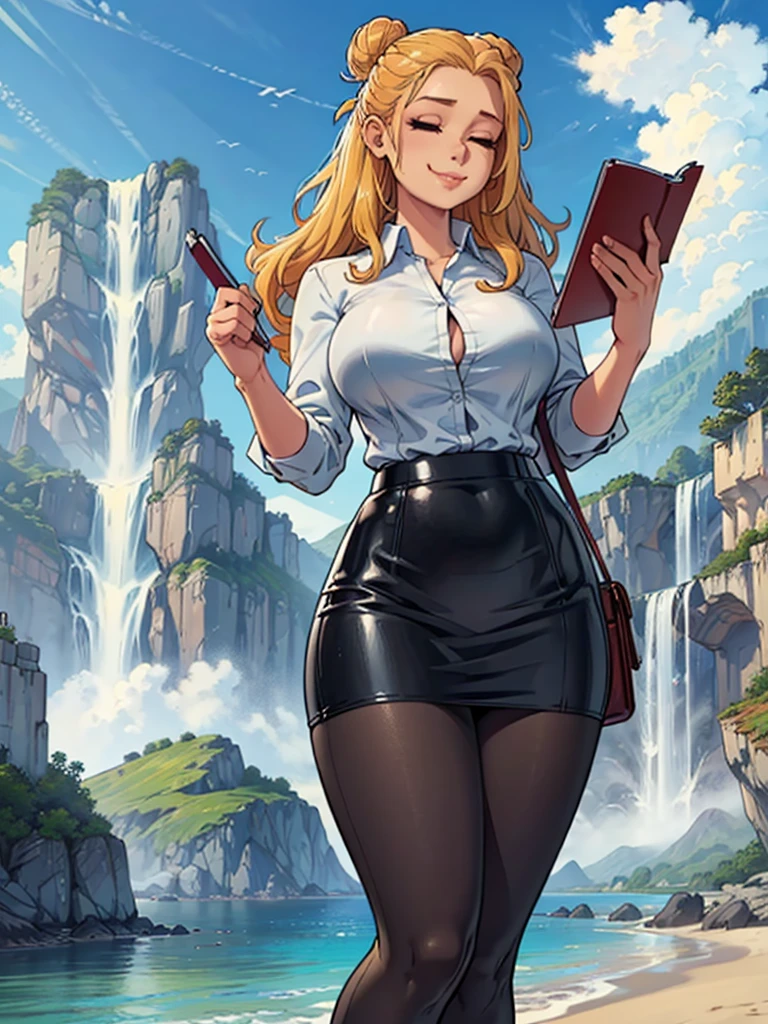 ((art by Kipteitei)), ((Masterpiece, best quality, perfect lighting, amazing shading)), (perfect anatomy, realistic proportions), field of depth, extremely beautiful, 1girl, (blond hair), long hair, hair bun, closed eyes, pencil skirt, dress shirt, black tights, cute smile, ((holding notebook)), legs together, beach background with cliff and waterfall, detailed background, (cowboy shot), (((interesting pose)))