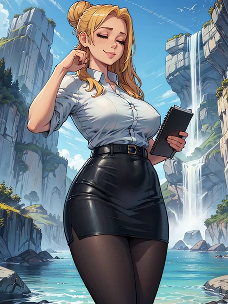 ((art by Kipteitei)), ((Masterpiece, best quality, perfect lighting, amazing shading)), (perfect anatomy, realistic proportions), field of depth, extremely beautiful, 1girl, (blond hair), long hair, hair bun, closed eyes, pencil skirt, dress shirt, black tights, cute smile, ((holding notebook)), legs together, beach background with cliff and waterfall, detailed background, (cowboy shot), (((interesting pose)))