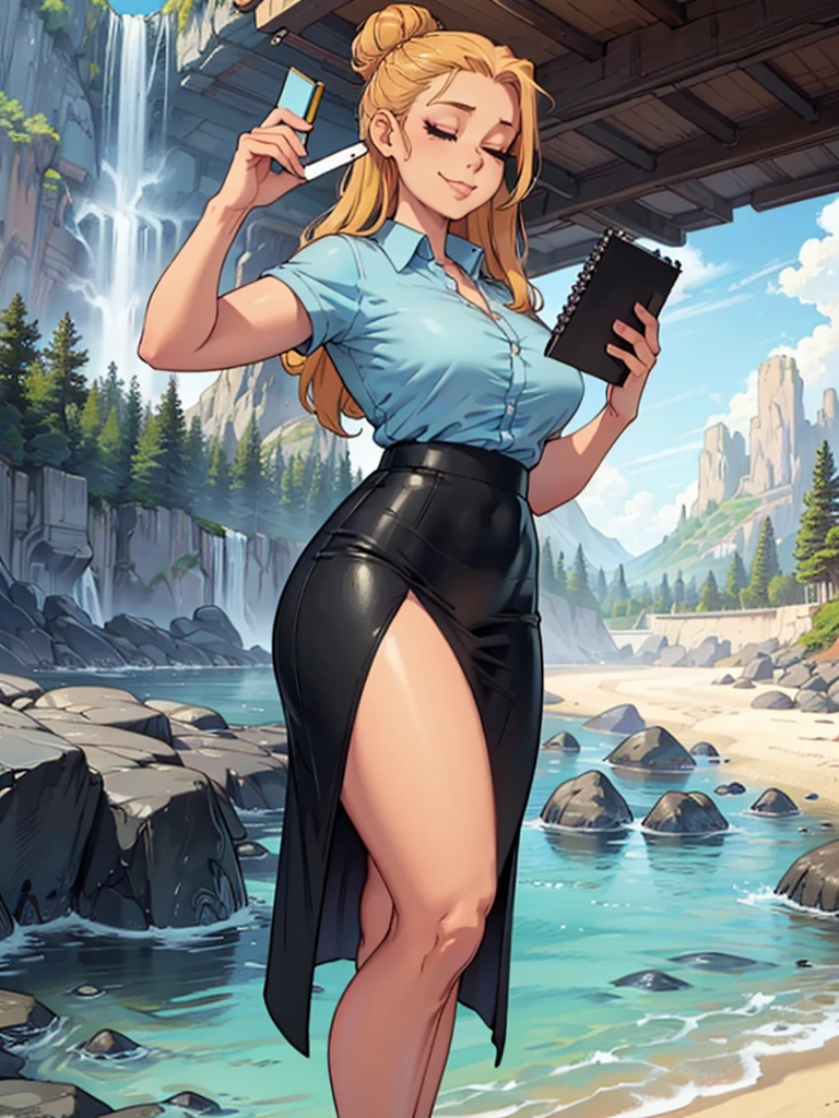 ((art by Kipteitei)), ((Masterpiece, best quality, perfect lighting, amazing shading)), (perfect anatomy, realistic proportions), field of depth, extremely beautiful, 1girl, (blond hair), long hair, hair bun, closed eyes, pencil skirt, dress shirt, black tights, cute smile, ((holding notebook)), legs together, beach background with cliff and waterfall, detailed background, (cowboy shot), (((interesting pose)))