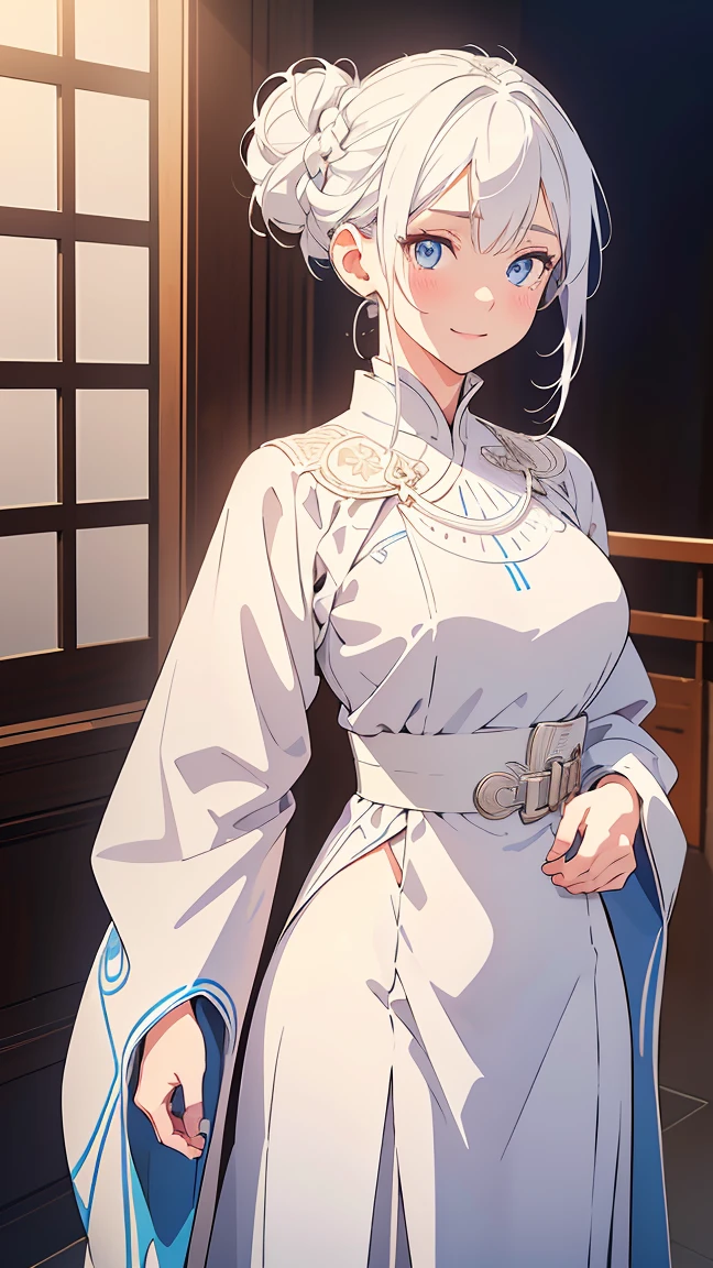 Anime,Girl1,round face,blue eyes,white hair,double bun hairstyle,white eyeshadow,cowboy shot,(white Arabic abaya dress,waist belt,smile),(Highly detailed CG,module,8K wallpapers)،(Highest quality, high resolution, beautiful lighting, realistic shadow, high resolution)،(Detailed skin, highly detailed, detailed faces and eyes, realistic eyes)