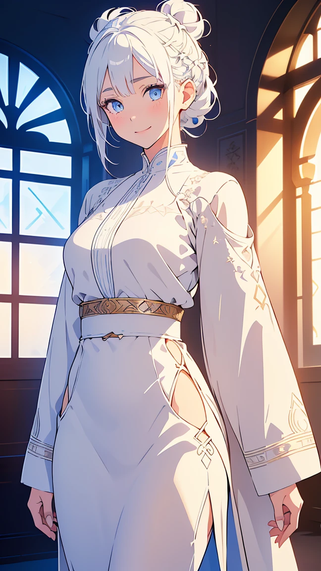 Anime,Girl1,round face,blue eyes,white hair,double bun hairstyle,white eyeshadow,cowboy shot,(white Arabic abaya dress,waist belt,smile),(Highly detailed CG,module,8K wallpapers)،(Highest quality, high resolution, beautiful lighting, realistic shadow, high resolution)،(Detailed skin, highly detailed, detailed faces and eyes, realistic eyes)