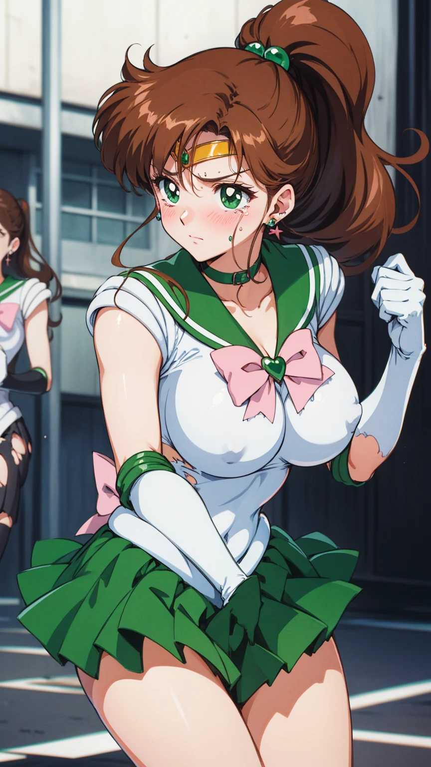 Highest quality, High resolution, 1990s \(style\), retro artstyle, 1990s anime cels style, Sailor Jupiter, Fighting, Sailor Warrior Uniform, Green sailor collar, White gloves, Green pleated skirt, Pink ribbon, ponytail, jewelry, Earrings、(Torn clothes、tits)、Dynamic、廃墟でFighting、Torture scene、Torture chamber、Tortured Woman、tears、blush、sad