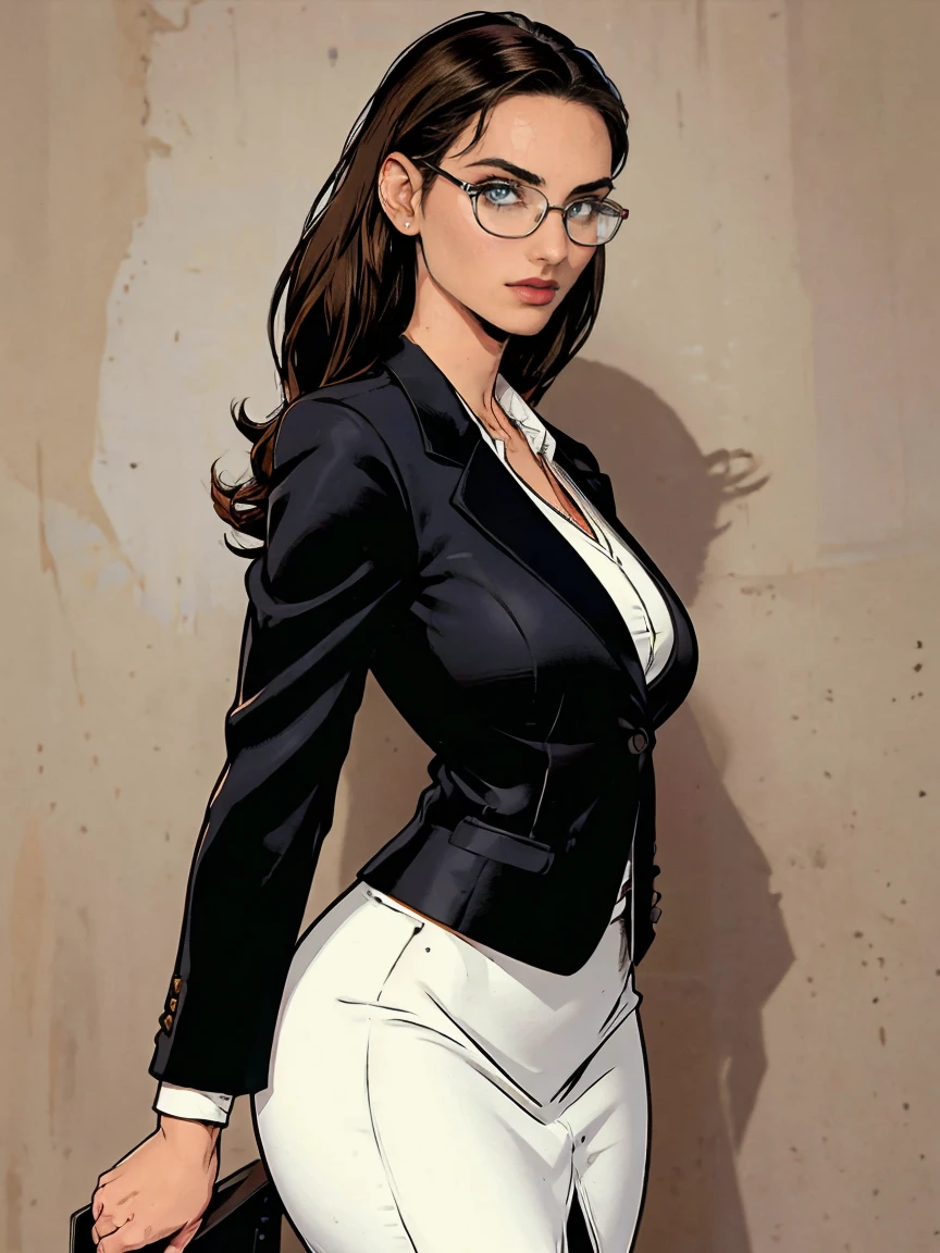 Gorgeous and sultry busty athletic (thin) brunette with sharp facial features wearing a black blazer, white blouse and black pencil skirt, glasses