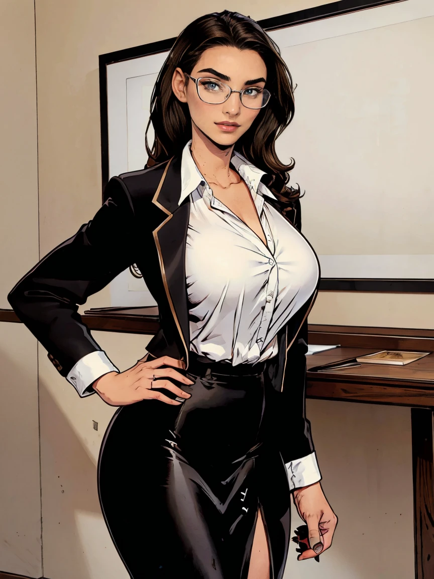 Gorgeous and sultry busty athletic (thin) brunette with sharp facial features wearing a black blazer, white blouse and black pencil skirt, glasses