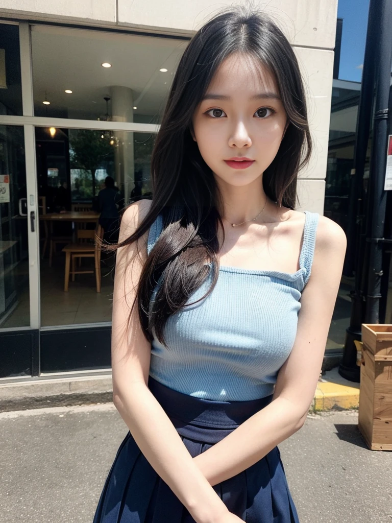 1 Girl,bookshops,Soft Light,Chinese Beauty,Tank top,Pleated Skirt,Sexy,Long hair