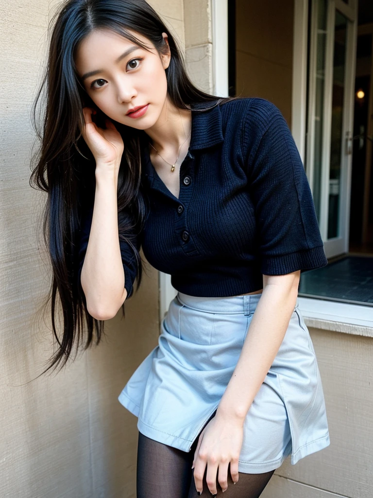 Photo of Pho3B3Cat3S, Beautiful woman, ((24 years old)), street, Short blue skirt,Blue sailor suit,Blue miniskirt， longblackhair, (Masterpiece), (Extremely detailed Cg Unity 8K wallpaper), iintricate, ((Photorealistic)),Perfect lighting, Solo, shiny long black hair、a cute young woman,stocklings，lacepantyhose，