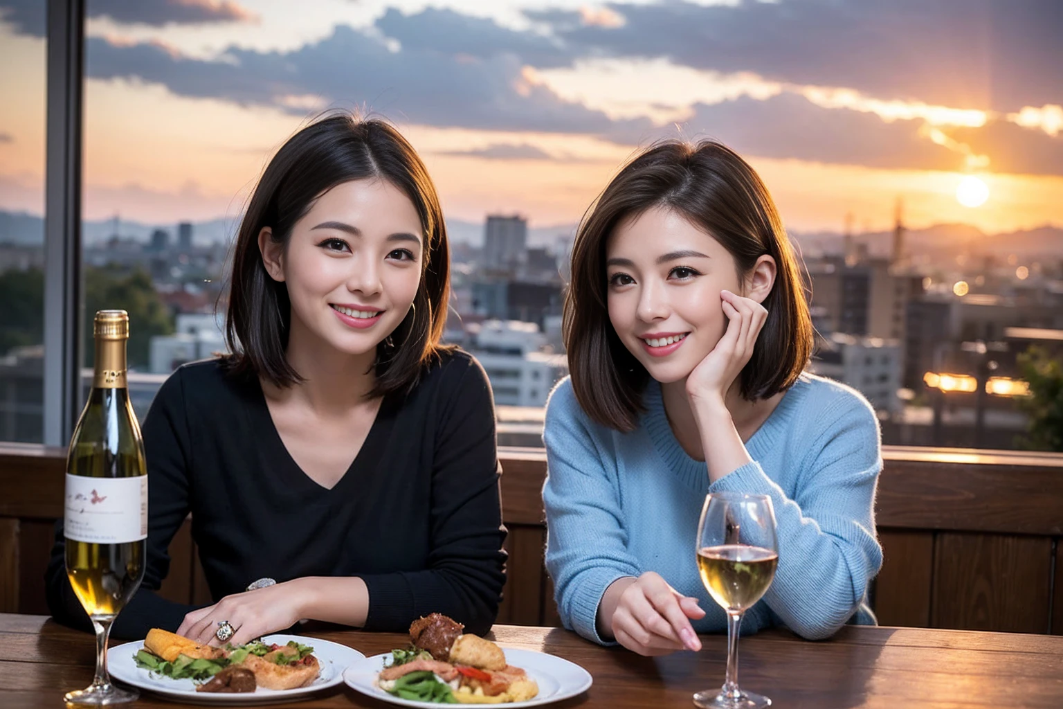 ((Highest quality、8k、masterpiece:1.3))、 (Genuineistic, Genuine、Bright image、Intricate details:1.2), 最高のsmile、1 male 1 female、Beautiful couple、spouse、fiancee、Good friends、actress couple、smile、Full-course dinner at a packed table、 (Slim face), (the body is slim), (Brown Hair), (short hair), テーブルのwine glass、Please shine a light on my face、 Amazing view of the sunset sky and clouds、 (42 years old)38 years old, red wine 、Appetizers、Wine bottle、sparkling wine、Long sleeve shirt、dress、White wine, red wine, wine glass, 
