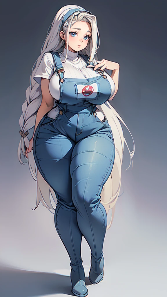 ((blank background)), masterpiece, best quality, silver hair, (curvy:1.7), (massive breast:1.5), ((full body framing)), (long legs:1.6), symmetry, farmer woman, (blue overalls), long boots, belt below navel, lumberjack shirt, (braided hair)