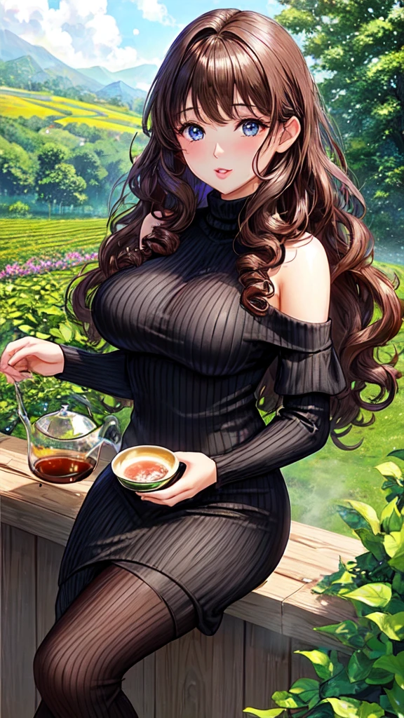 1 female、brown hair、curly hair、blue eyes、thick lips、Black turtleneck knit dress、off shoulder、slim、valley、beautiful breasts、Fresh greenery、Tea plantation、sunlight、masterpiece、ultra high resolution、perfect lighting、16k