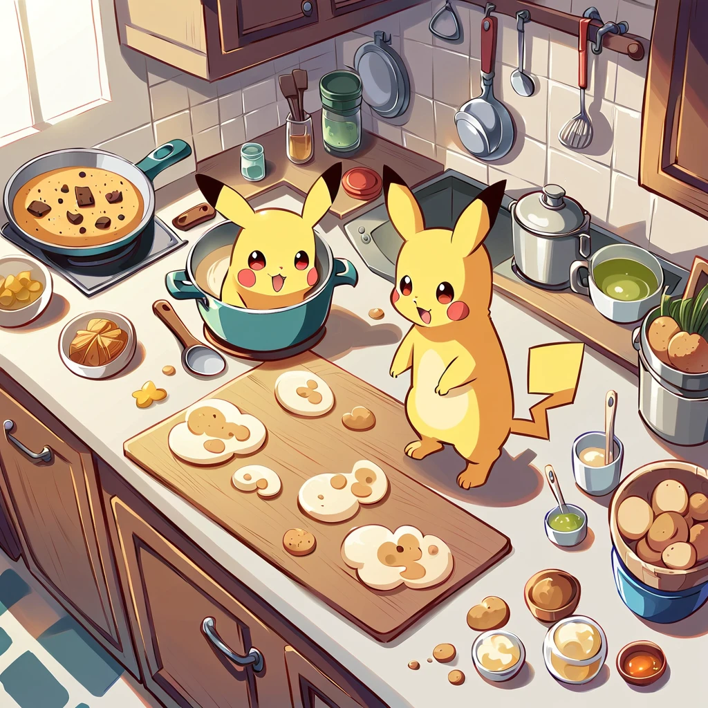 cute illustration of Pikachu cooking in the kitchen. Pikachu should be wearing a tiny apron, stirring a pot on the stove or baking cookies. Include kitchen elements like utensils, pots, and ingredients spread out on the counter. The scene should be playful and engaging, showing Pikachu having fun while cooking.