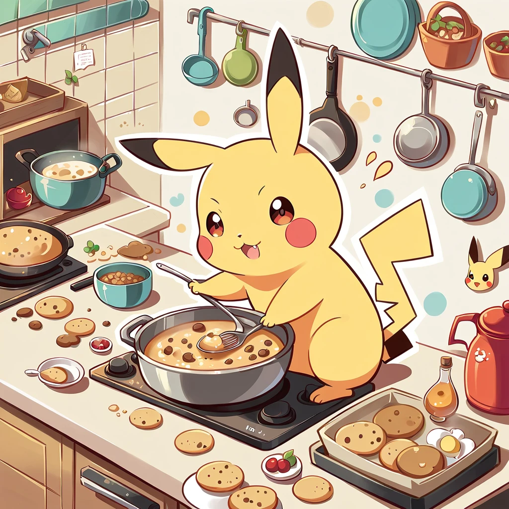 cute illustration of Pikachu cooking in the kitchen. Pikachu should be wearing a tiny apron, stirring a pot on the stove or baking cookies. Include kitchen elements like utensils, pots, and ingredients spread out on the counter. The scene should be playful and engaging, showing Pikachu having fun while cooking.