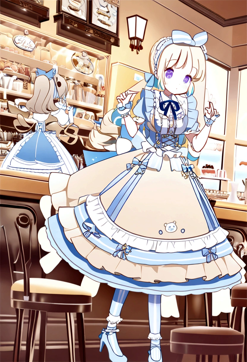 An illustration featuring a Lolita girl in an anime style is depicted with pastel blue and white attire. The character is characterized by long beige ponytails, a ruffled headband adorned with a blue ribbon, and white striped blue stockings paired with heels embellished with a bear motif. The scene is set in a café shop.