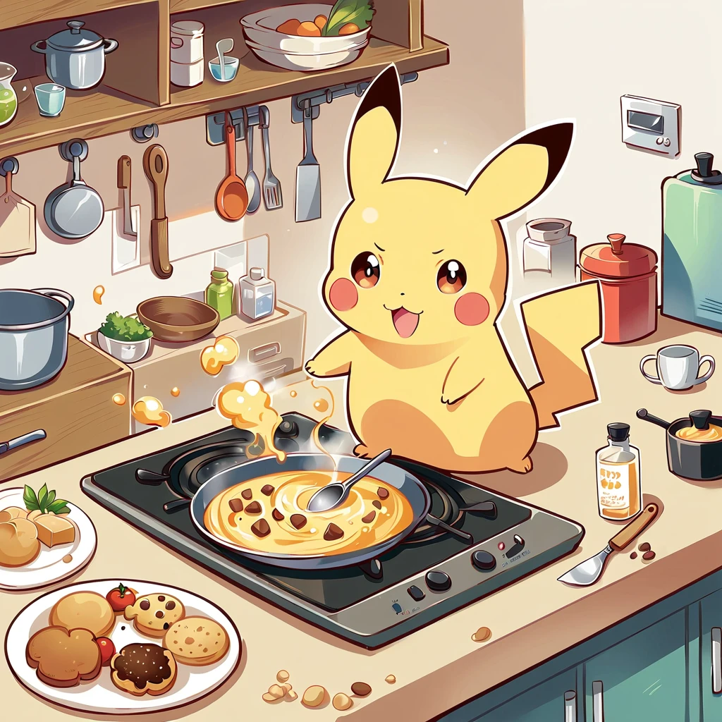 cute illustration of Pikachu cooking in the kitchen. Pikachu should be wearing a tiny apron, stirring a pot on the stove or baking cookies. Include kitchen elements like utensils, pots, and ingredients spread out on the counter. The scene should be playful and engaging, showing Pikachu having fun while cooking.