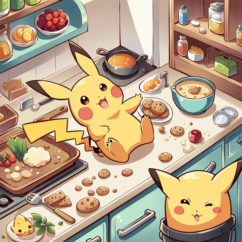 cute illustration of Pikachu cooking in the kitchen. Pikachu should be wearing a tiny apron, stirring a pot on the stove or baking cookies. Include kitchen elements like utensils, pots, and ingredients spread out on the counter. The scene should be playful and engaging, showing Pikachu having fun while cooking.