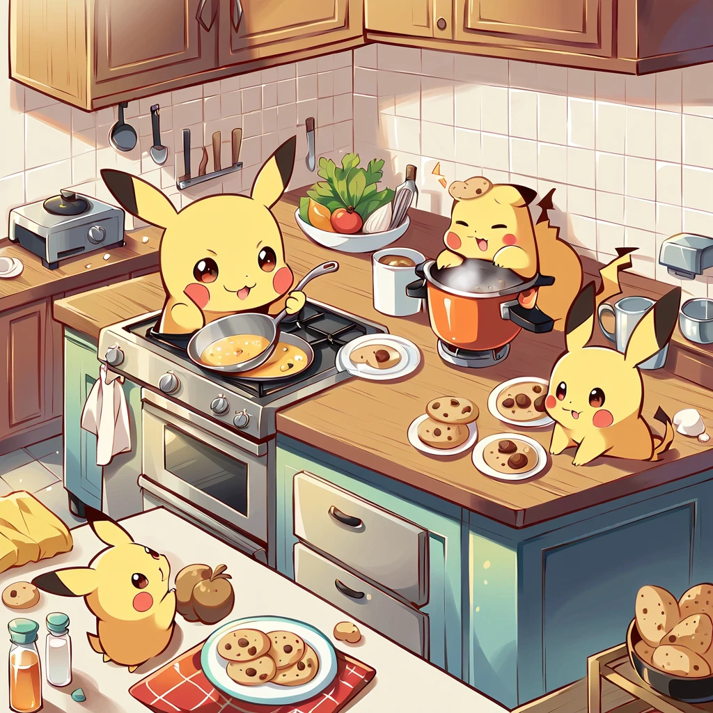 cute illustration of Pikachu cooking in the kitchen. Pikachu should be wearing a tiny apron, stirring a pot on the stove or baking cookies. Include kitchen elements like utensils, pots, and ingredients spread out on the counter. The scene should be playful and engaging, showing Pikachu having fun while cooking.