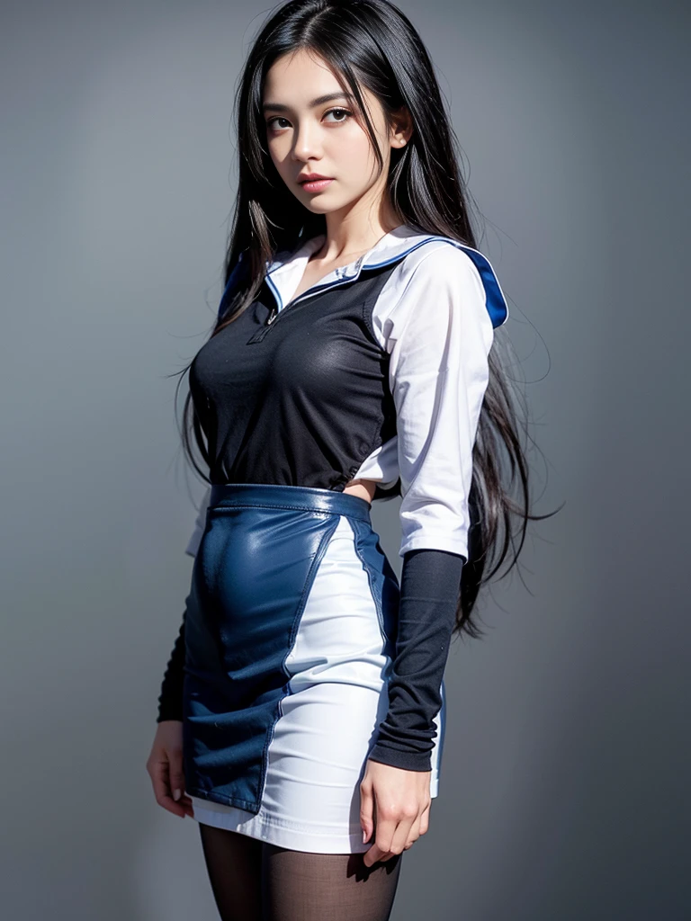 Photo of Pho3B3Cat3S, Beautiful woman, ((24 years old)), street, Short blue skirt,Blue sailor suit,Blue miniskirt， longblackhair, (Masterpiece), (Extremely detailed Cg Unity 8K wallpaper), iintricate, ((Photorealistic)),Perfect lighting, Solo, shiny long black hair、a cute young woman,stocklings，lacepantyhose，