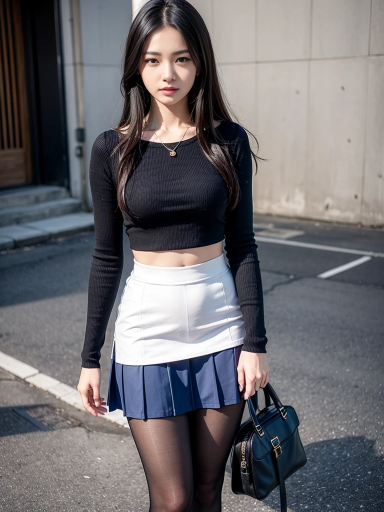 Photo of Pho3B3Cat3S, Beautiful woman, ((24 years old)), street, Short blue skirt,Blue sailor suit,Blue miniskirt， longblackhair, (Masterpiece), (Extremely detailed Cg Unity 8K wallpaper), iintricate, ((Photorealistic)),Perfect lighting, Solo, shiny long black hair、a cute young woman,stocklings，lacepantyhose，