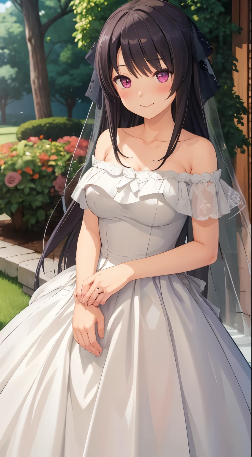 masterpiece, best quality, illustration, highly detailed, misakiao, hair ribbon, light smile, blush, wedding dress, off the shoulder, garden
