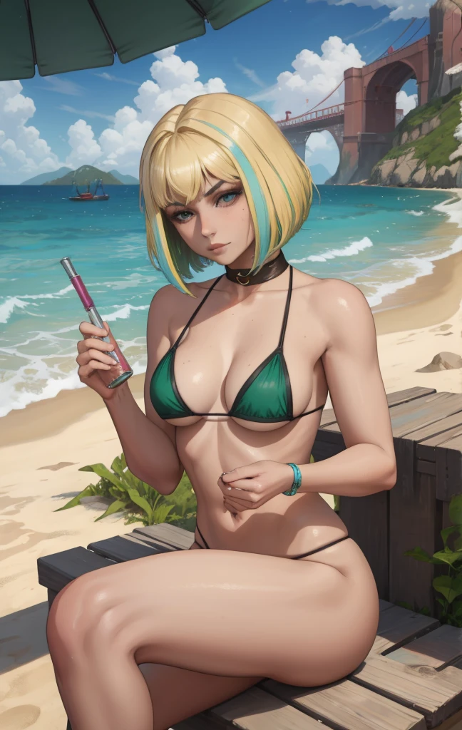 (masterpiece,best quality,absurdres),outside,beach,lounging,sunlight,tan skin,elar6,multicolored hair, blonde hair, streaked hair, bangs, choker, bikini,