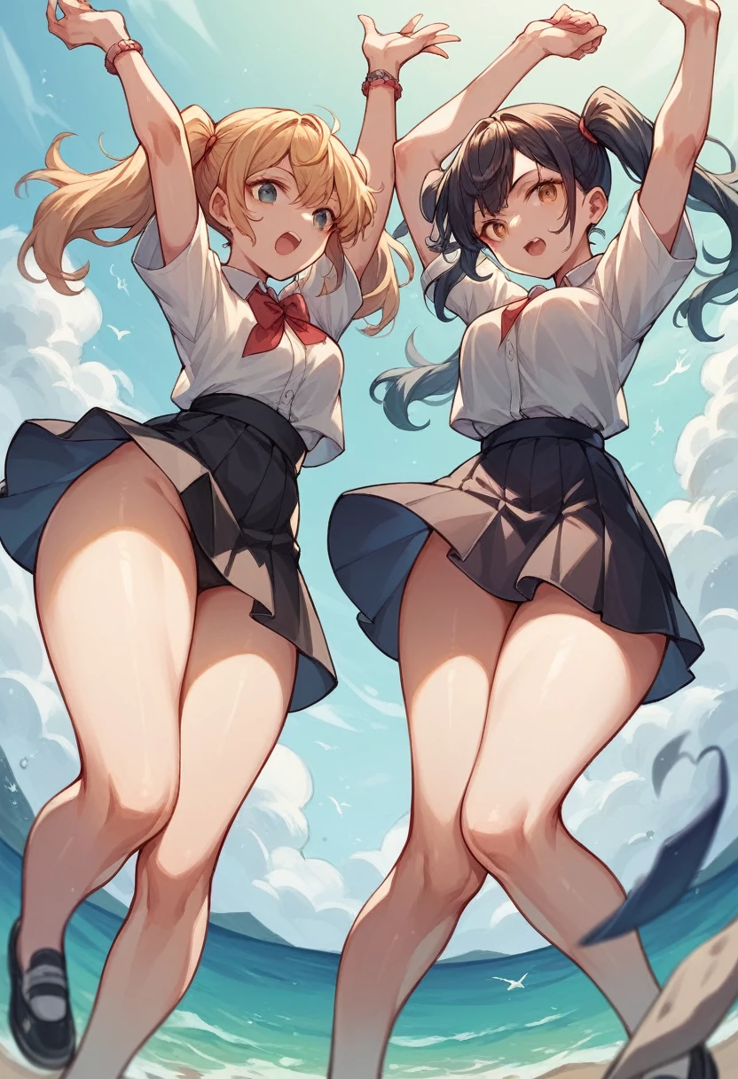 Four  girls with pigtails. wearing black skirts with white shirts. At the beach. Backs turned. Looking down Arms up in the air. Small thighs.  waist. High quality.