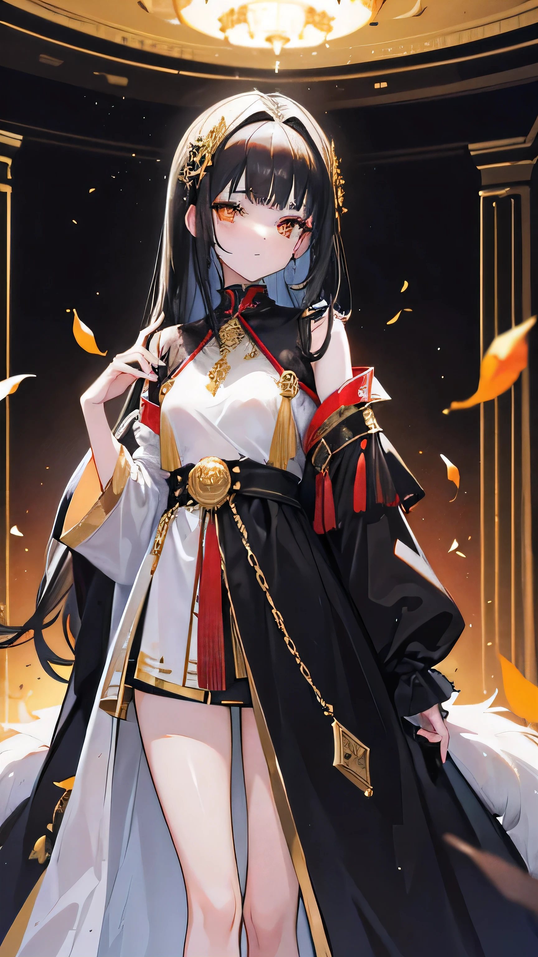 The 20-year-old girl has smooth, fair skin, black waist-length hair, flat bangs on her forehead, golden eyes, red rouge painted around her eyes, golden leaves on her head, and a simple, non-revealing black and gold robe. She looks classical and elegant, standing in a dim and bright room. 