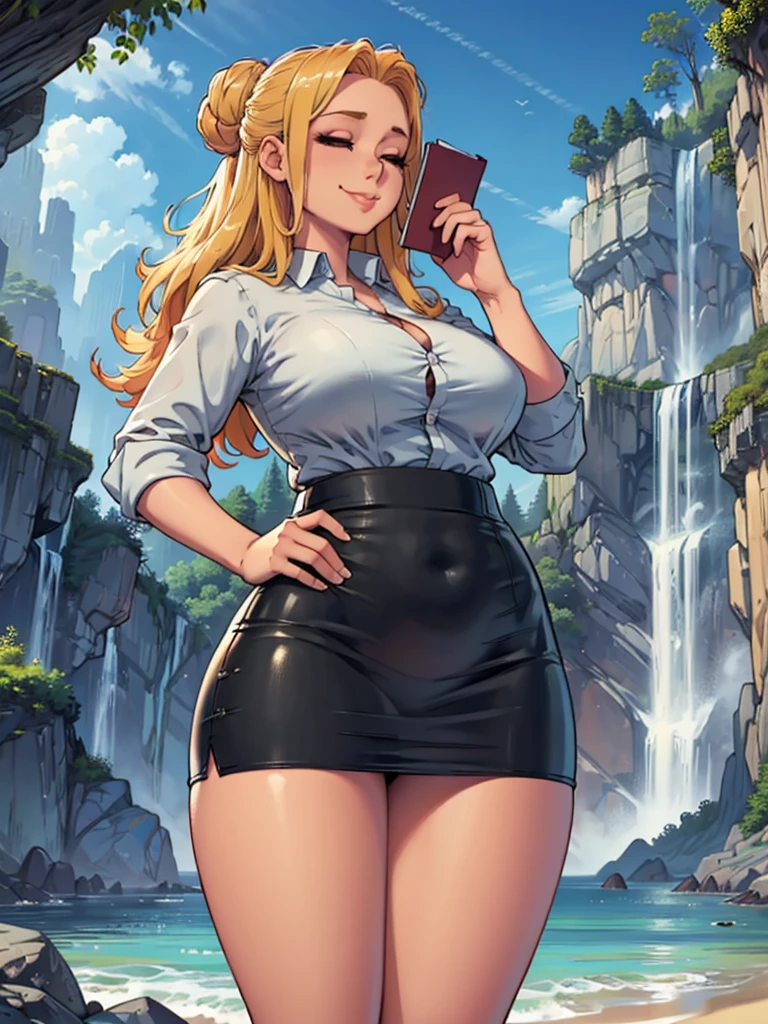 ((art by Kipteitei)), ((Masterpiece, best quality, perfect lighting, amazing shading)), (perfect anatomy, realistic proportions), field of depth, extremely beautiful, 1girl, (blond hair), long hair, hair bun, closed eyes, pencil skirt, dress shirt, black tights, cute smile, ((holding notebook)), legs together, beach background with cliff and waterfall, detailed background, (cowboy shot), (((interesting pose)))