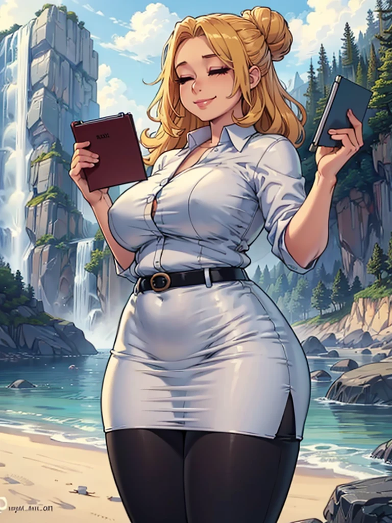 ((art by Kipteitei)), ((Masterpiece, best quality, perfect lighting, amazing shading)), (perfect anatomy, realistic proportions), field of depth, extremely beautiful, 1girl, (blond hair), long hair, hair bun, closed eyes, pencil skirt, dress shirt, black tights, cute smile, ((holding notebook)), legs together, beach background with cliff and waterfall, detailed background, (cowboy shot), (((interesting pose)))