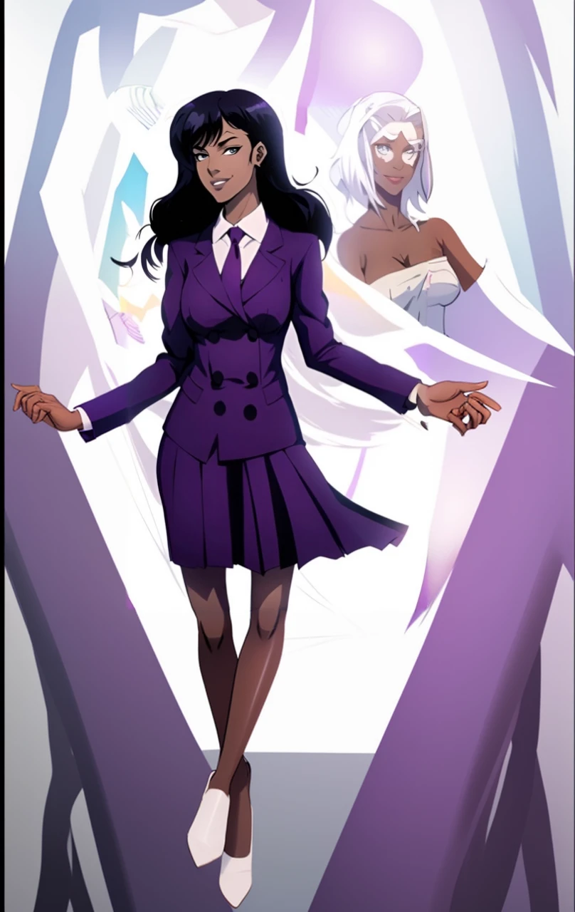 a afroHero (masterpiece, best quality), Female, woman character, (((multiple poses and expressions))), (comic style artwork with perfect anatomy), perfect body, transparent wet ultrathin white dress shirt unbuttoned, black knee high tights, black short miniskirt, highly detailed--no outline