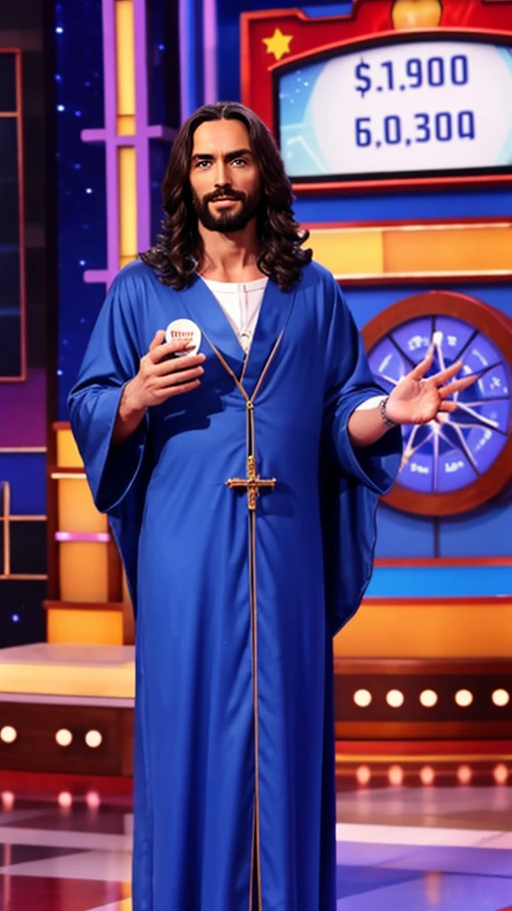 Jesus in robes playing Wheel of Fortune the game show