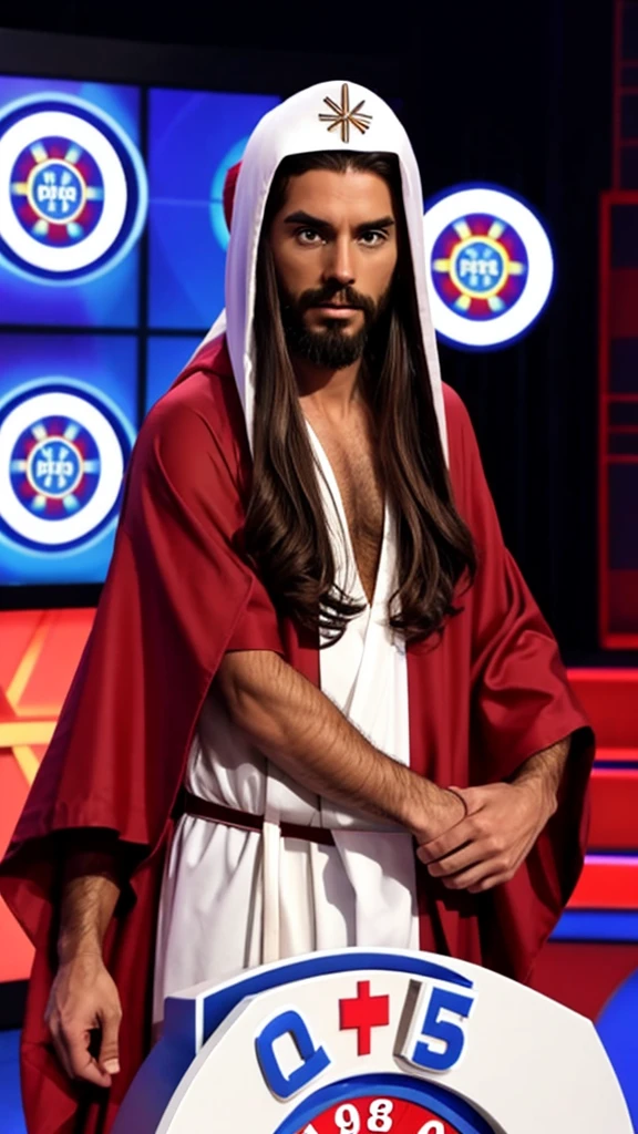 Jesus in robes playing Wheel of Fortune the game show