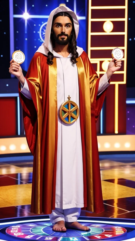 Jesus in robes playing Wheel of Fortune the game show