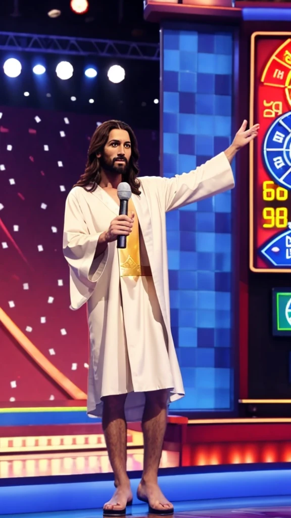 Jesus in robes playing Wheel of Fortune the game show