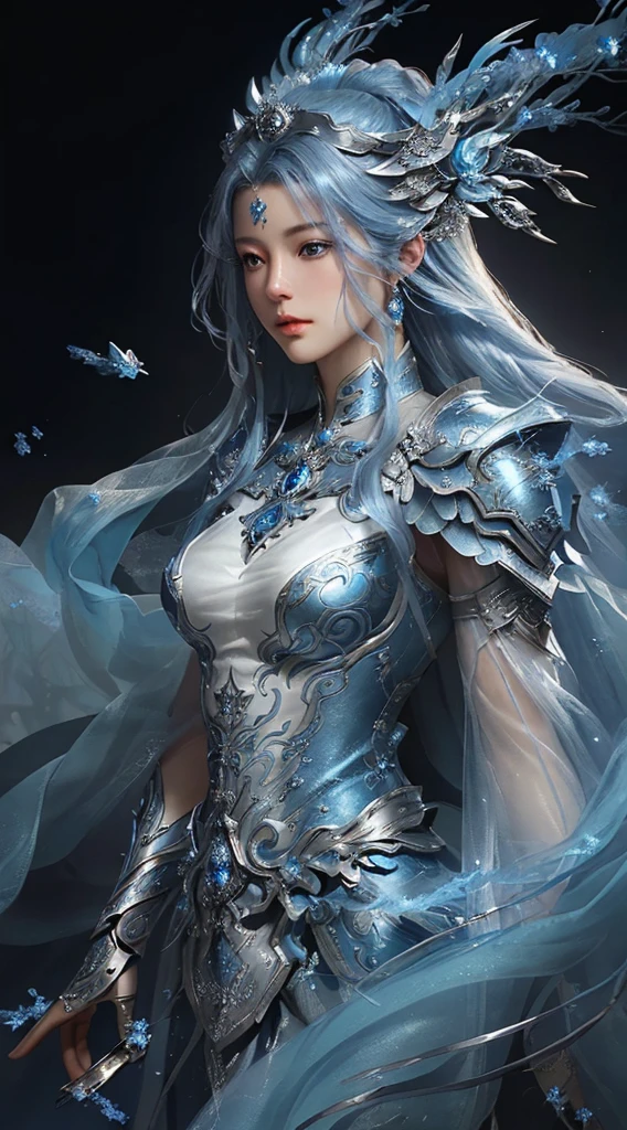 a close up of a woman in a silver and blue dress, chengwei pan on artstation, by Yang J, detailed fantasy art, stunning character art, fanart best artstation, epic exquisite character art, beautiful armor, extremely detailed artgerm, detailed digital anime art, artgerm on artstation pixiv, armor girl
