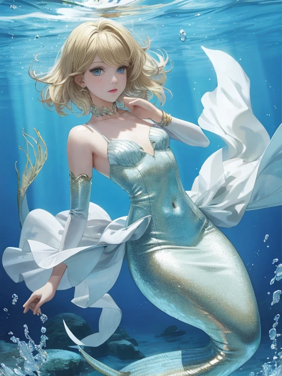 mermaid, 1girl, crossdressing, anime, beauty, small breasts, short hair, blonde hair, blue eyes, sea, underwater, ocean,