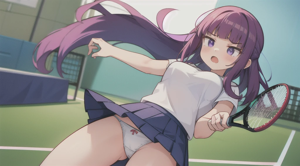 1 woman, skirts, (show off g-string detailed pantie), (hands skirt lift), from front, cowboy shot, BREAK annoyed,shoot from below,tennis wear,Tennis court