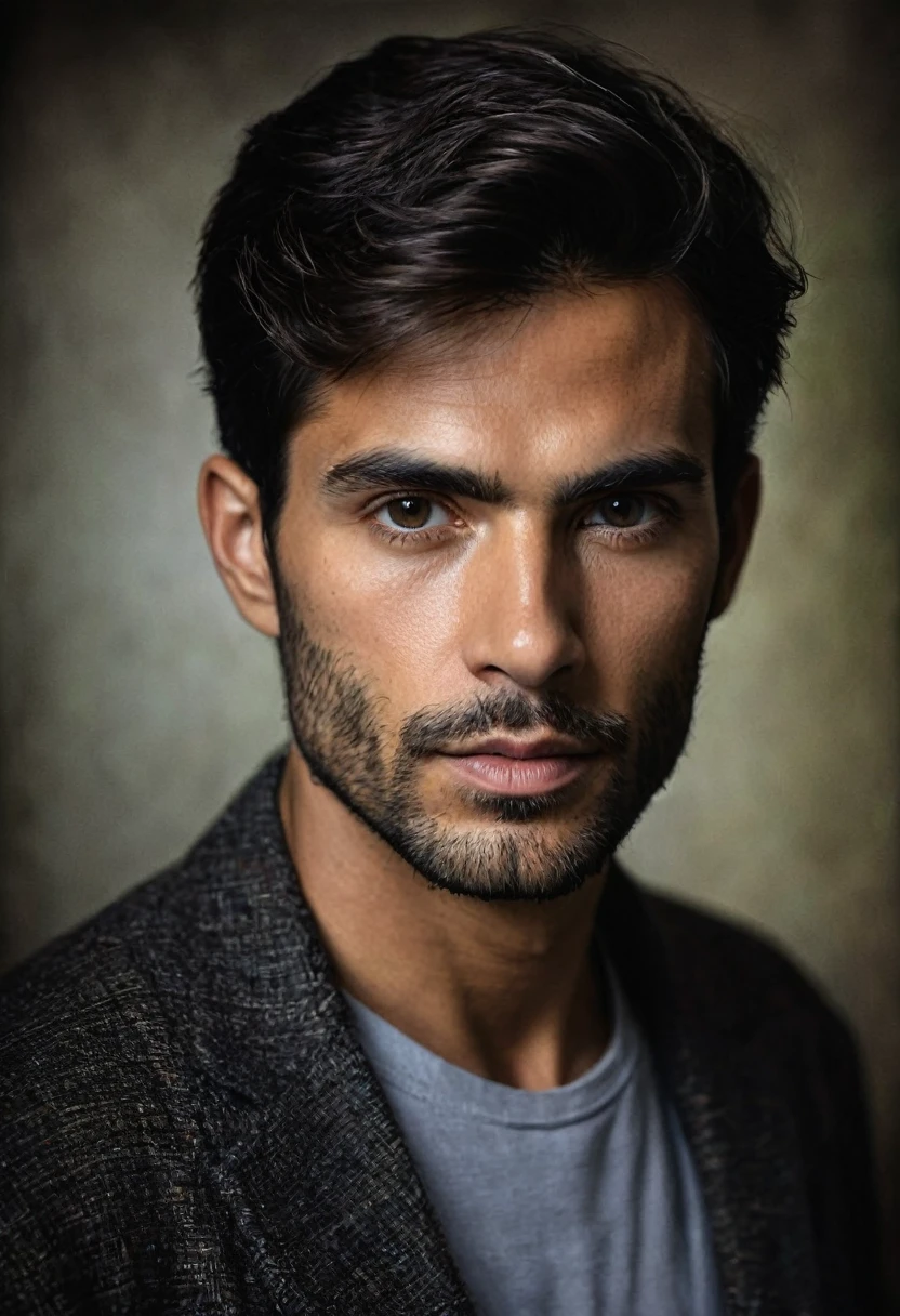 Retrato de Hombre muy serio con fondo obscuro, imagen hiper realista 