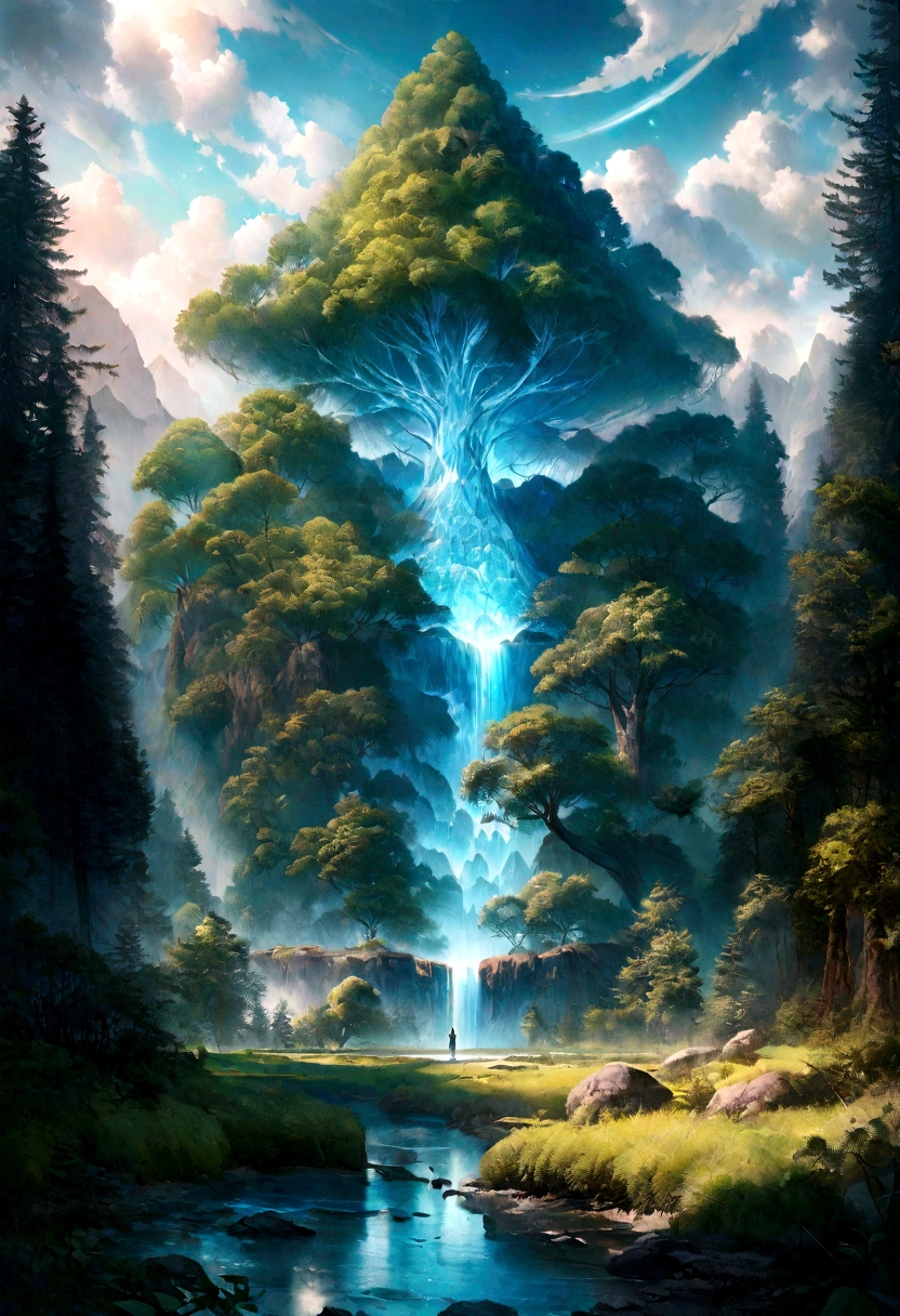 Ultra-realistic illustrations, Otherworldly, Super celestial scene with full length giant crystal tree, Very detailed and magical lighting, Intricate forest details, Surrounding vegetation and river, Sunny Punk, landscape, Giant Tree, A beautiful deciduous tree with beautiful lighting and realistic proportions, Like a movie background, 8k, Highest quality, masterpiece, Sky with clouds and stars.