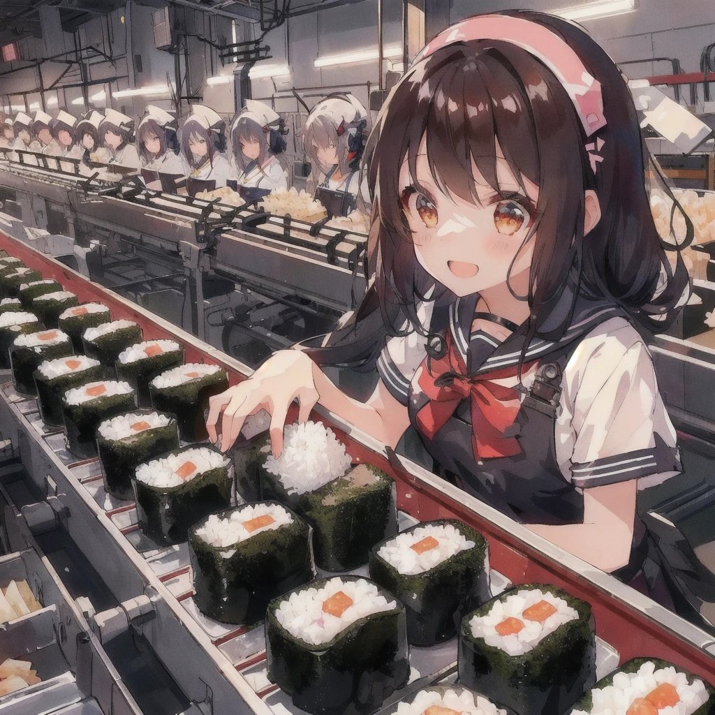 anime girl At the factory with rice and sushi rolls,Open Mouth Smile,There are people working behind me, Kantai Collection Style, praise girl, praise art, At the factory, Casciato, praise, Beautiful and detailed anime art, From the Azur Lane video game, Anime Food, Cute girl anime visuals, praise technology, Pixiv, Gwaiz, Rorish, Zerochan Art