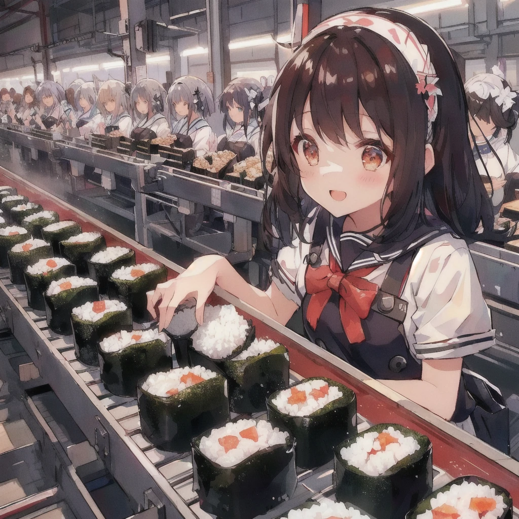 anime girl At the factory with rice and sushi rolls,Open Mouth Smile,There are people working behind me, Kantai Collection Style, praise girl, praise art, At the factory, Casciato, praise, Beautiful and detailed anime art, From the Azur Lane video game, Anime Food, Cute girl anime visuals, praise technology, Pixiv, Gwaiz, Rorish, Zerochan Art