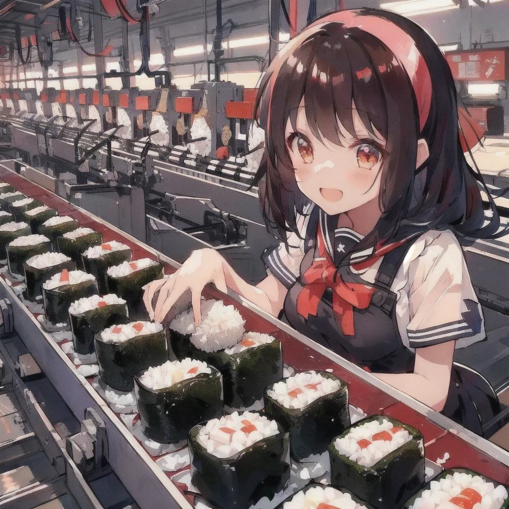 anime girl At the factory with rice and sushi rolls,Open Mouth Smile,There are people working behind me, Kantai Collection Style, praise girl, praise art, At the factory, Casciato, praise, Beautiful and detailed anime art, From the Azur Lane video game, Anime Food, Cute girl anime visuals, praise technology, Pixiv, Gwaiz, Rorish, Zerochan Art