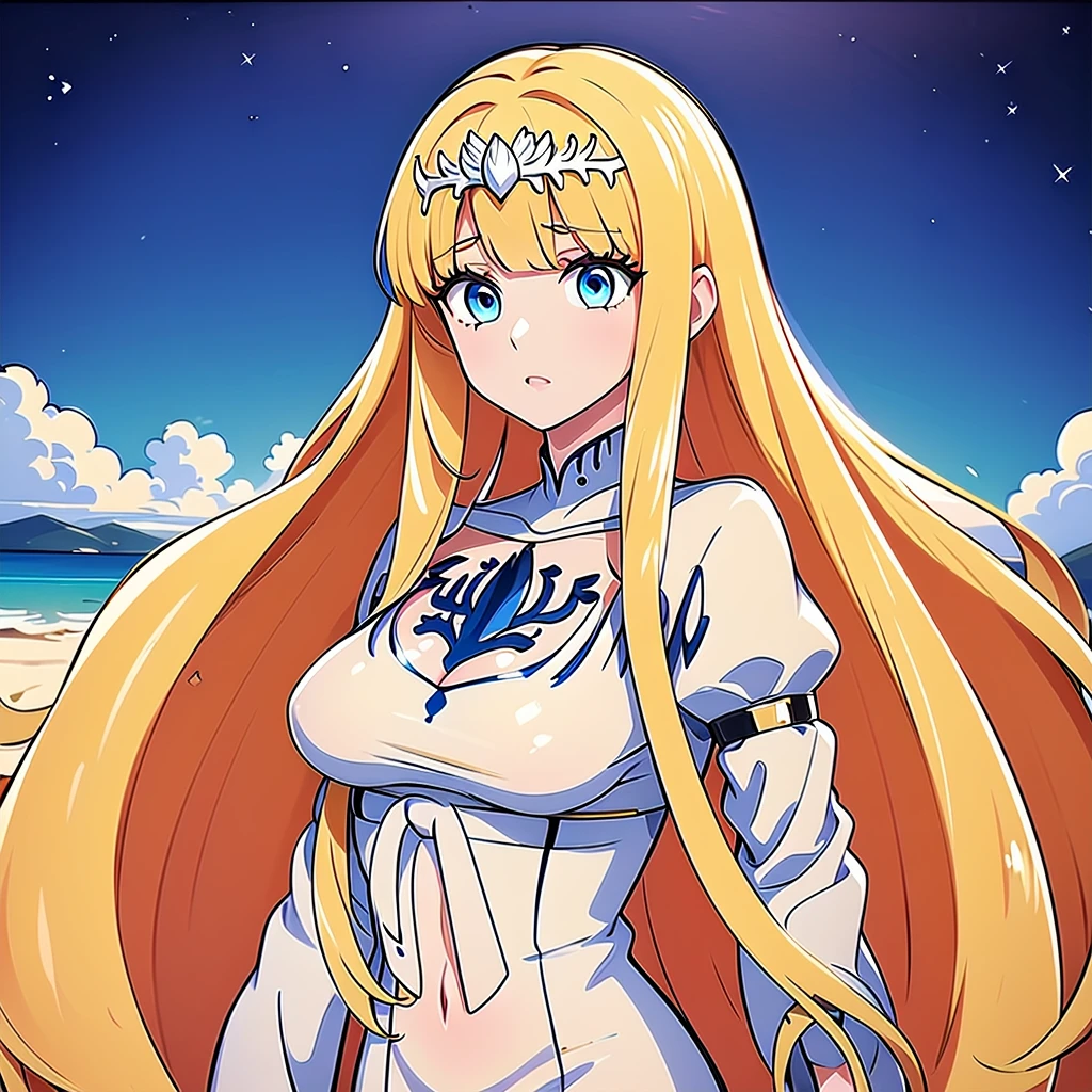 (Masterpiece, best quality), 1girl, solo, Calca, Calca Bessarez, blonde hair, (extremely long hair:1.3), very long hair, white tiara, white dress, blue eyes, medium chest, long straight hair, mature female, 25 years old,