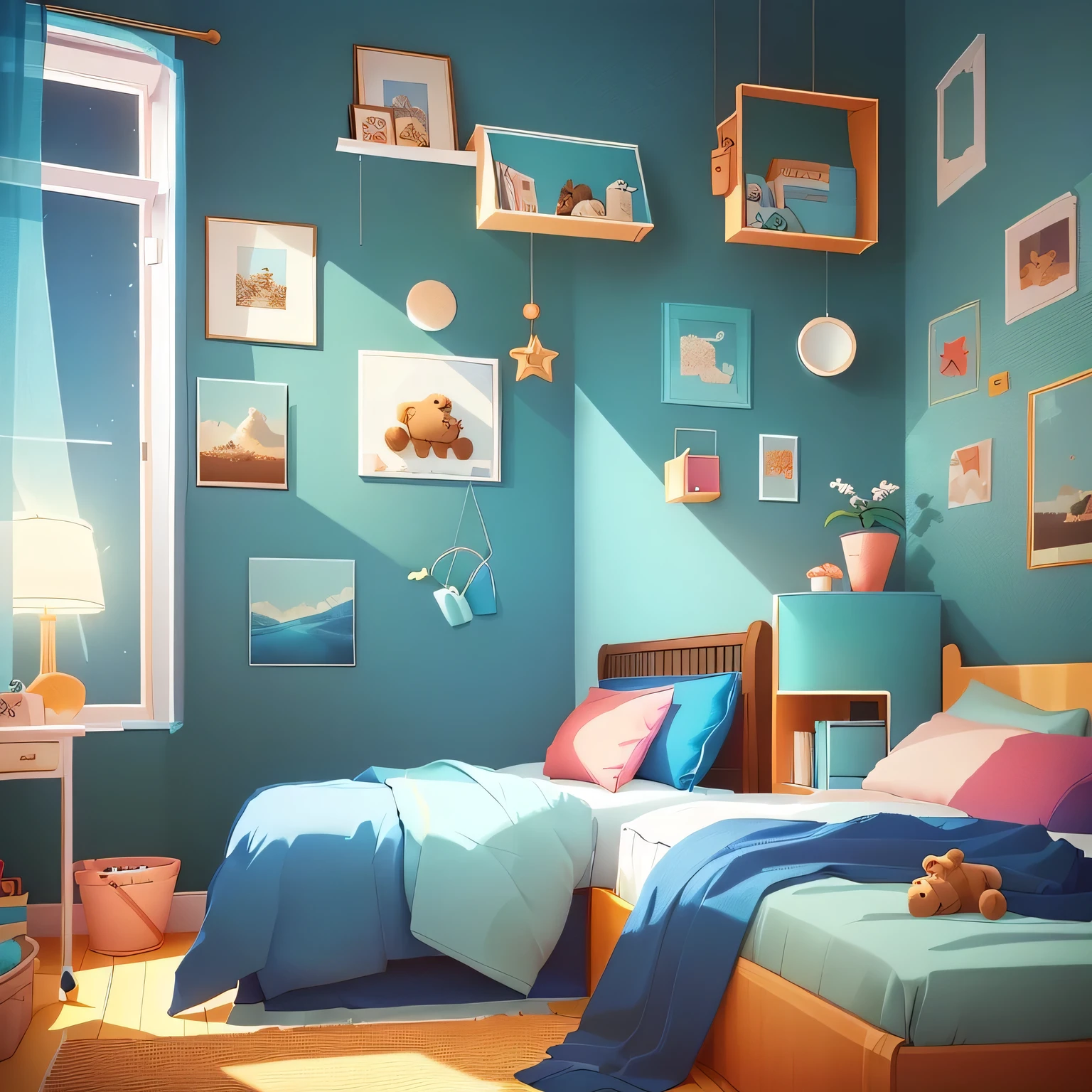 cartoon bedroom with a teddy bear sitting on the bed, childs bedroom, personal room background, inside a child's bedroom, bedroom background, cozy home background, bright room, boy's room, a sunny bedroom, cute room, furnished room, mobile game art, game illustration, cute art style, cozy room, 3 d stylize scene, small room, flat 2 d design
