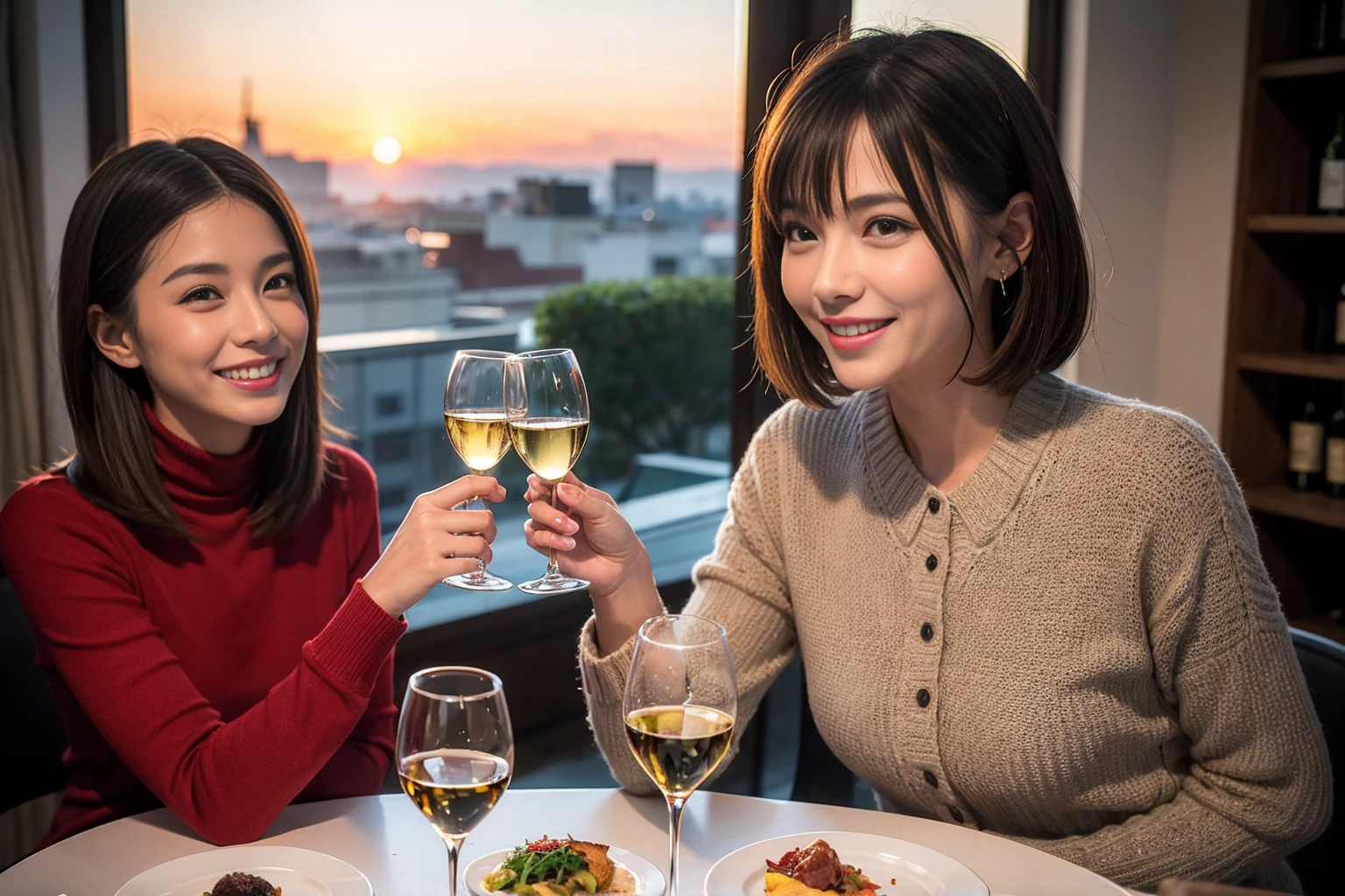 ((Highest quality、8k、masterpiece:1.3))、 (Genuineistic, Genuine、Bright image、Intricate details:1.2), 最高のsmile、1 male,1 female、Beautiful couple、spouse、fiancee、Good friends、actress couple、smile、Full-course dinner at a packed table、 (Slim face), (the body is slim), (Brown Hair), (short hair), テーブルのwine glass、Please shine a light on my face、 Amazing view of the sunset sky and clouds、 (42 years old)38 years old, red wine 、Appetizers、Wine bottle、sparkling wine、Long sleeve shirt、dress、White wine, red wine, wine glass,