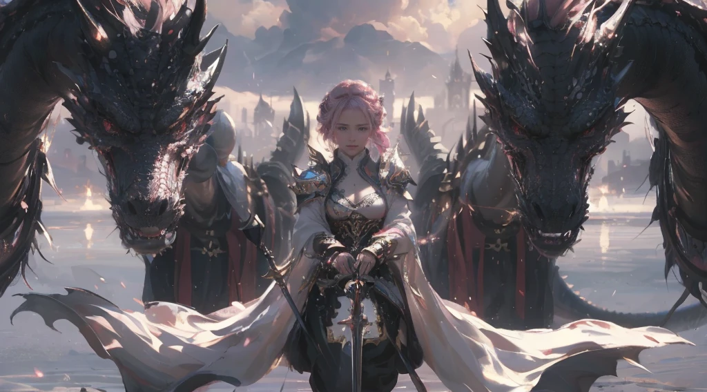 (masterpiece), (best quality), (ultra-detailed), (best illustration), (best shadow), (absurdres), Female, 25 years old, pink hair, light smile, looking at viewer, glow red eyes, Dragon,