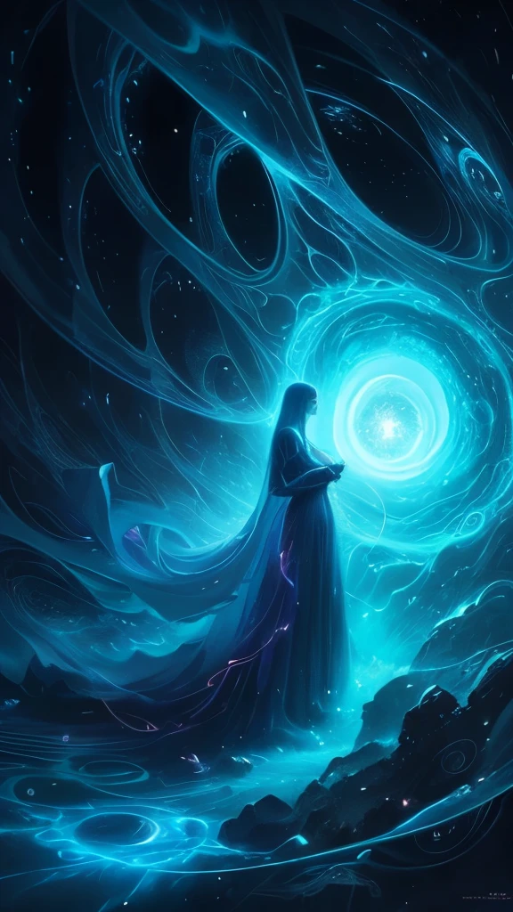 a woman in a long dress is standing in a swirling vortex, digital art inspired by tomasz alen kopera, tumblr, fantasy art, astral ethereal, flowing magical robe, channeling swirling energy, astral appearance, wearing flowing robes, portal to the ethereal realm, ethereal and otherworldly, strange ethereal being, flowing robes, swirling magical energy