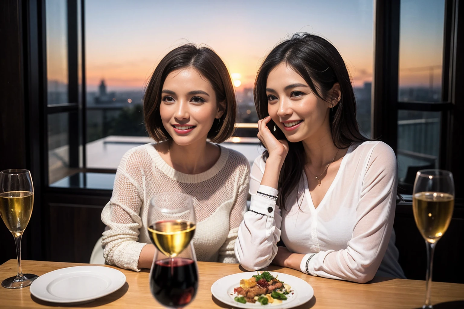 ((Highest quality、、masterpiece:1.3))、1 male、1 female、Slim Beauty、Beautiful couple、smile、full-course dinner、 (Slim face), (the body is スリム), (Brown Hair), (Shortcuts), ((Bob Hale、Straight hair:1.2)), テーブルの上のwine glass、Put the light on your face、 Amazing view of the sunset sky and clouds、smileの美しさ、Bright image、Blushing, Shortcuts, (Age 35), 39 years old, Appetizers、Italian food、Wine bottle、Champagne、sparkling wine、Long sleeve shirt、Pink Dress、Attractive beauty、restaurant, Nova Frog Style, actress, model, Upper Body, White wine, red wine, wine glass,