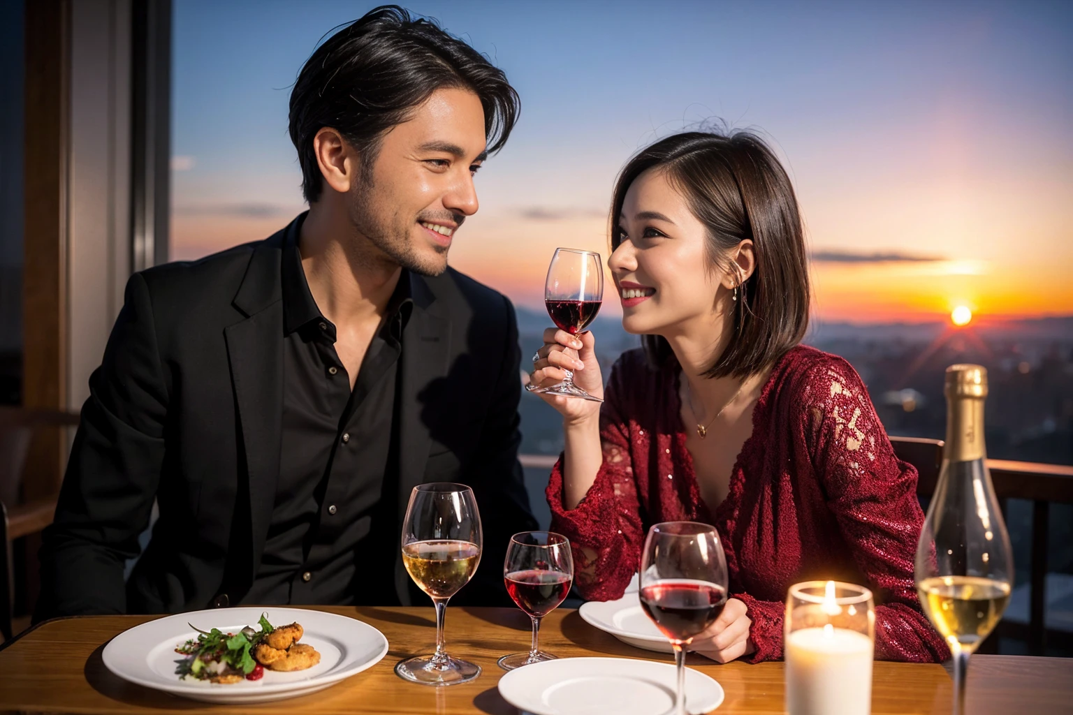 ((Highest quality、8k、masterpiece:1.3))、 (Genuineistic, Genuine、Bright image、Intricate details:1.2), 最高のsmile、1 male 1 female、Beautiful couple、spouse、fiancee、Good friends、actress couple、smile、Full-course dinner at a packed table、 (Slim face), (the body is slim), (Brown Hair), (short hair), テーブルのwine glass、Please shine a light on my face、 Amazing view of the sunset sky and clouds、 (42 years old)40 years old, red wine 、Appetizers、Wine bottle、sparkling wine、Long sleeve shirt、dress、White wine, red wine, wine glass,