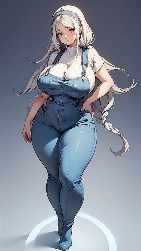 ((blank background)), masterpiece, best quality, silver hair, (curvy:1.7), (massive breast:1.5), ((full body framing)), (long legs:1.6), symmetry, farmer woman, (blue overalls), long boots, belt below navel, lumberjack shirt, (braided hair)